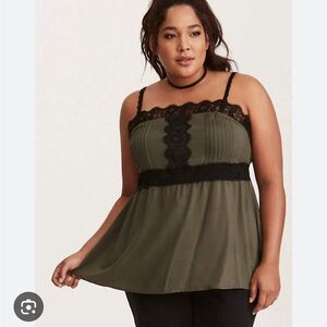 Torrid pleated challis lace trim green/black tank top cami new 4/4x